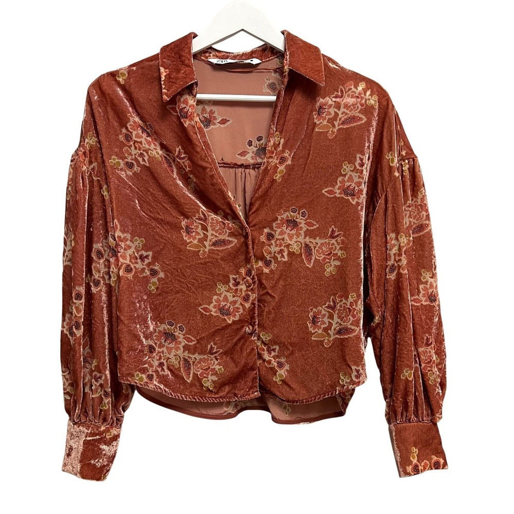 Zara Velvet Blouse Womens S Rust Orange Floral Burnout Balloon Sleeve Button Up‎